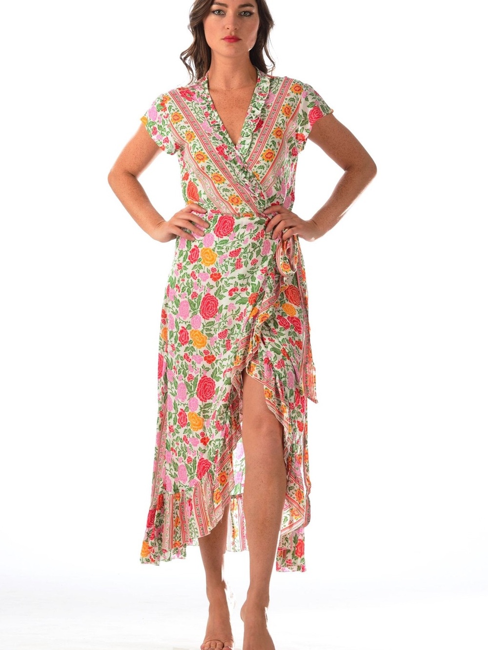 Boho Floral Tie-Waist Maxi Dress in Pink, Green & Cream